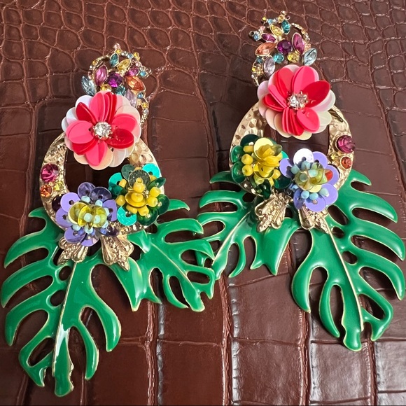 ZARA Gold & Multi Bright Tropical Floral Palm Leaf Dangle Statement Earrings - Picture 11 of 16